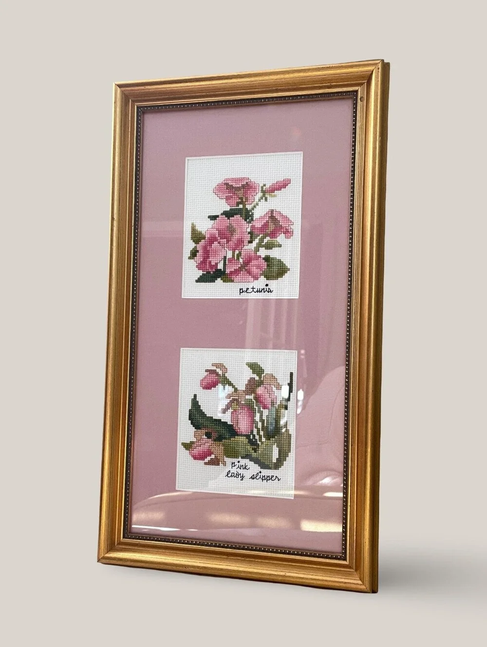 Vintage Gold Framed Floral Cross Stitch Wall Art | Petunia & Pink Lady Slipper
